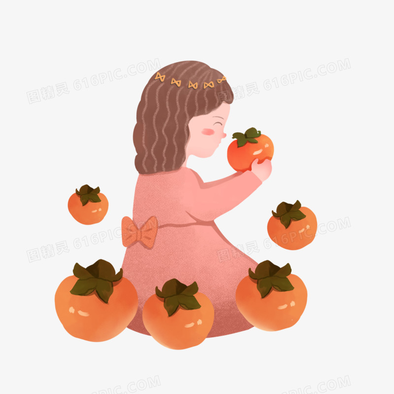 手绘霜降之吃柿子的小女孩