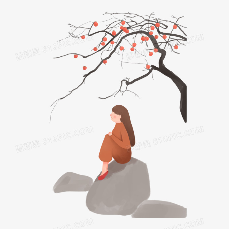 手绘霜降之柿子树下的小女孩