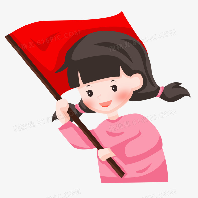 国庆节之手绘卡通女孩举着红旗
