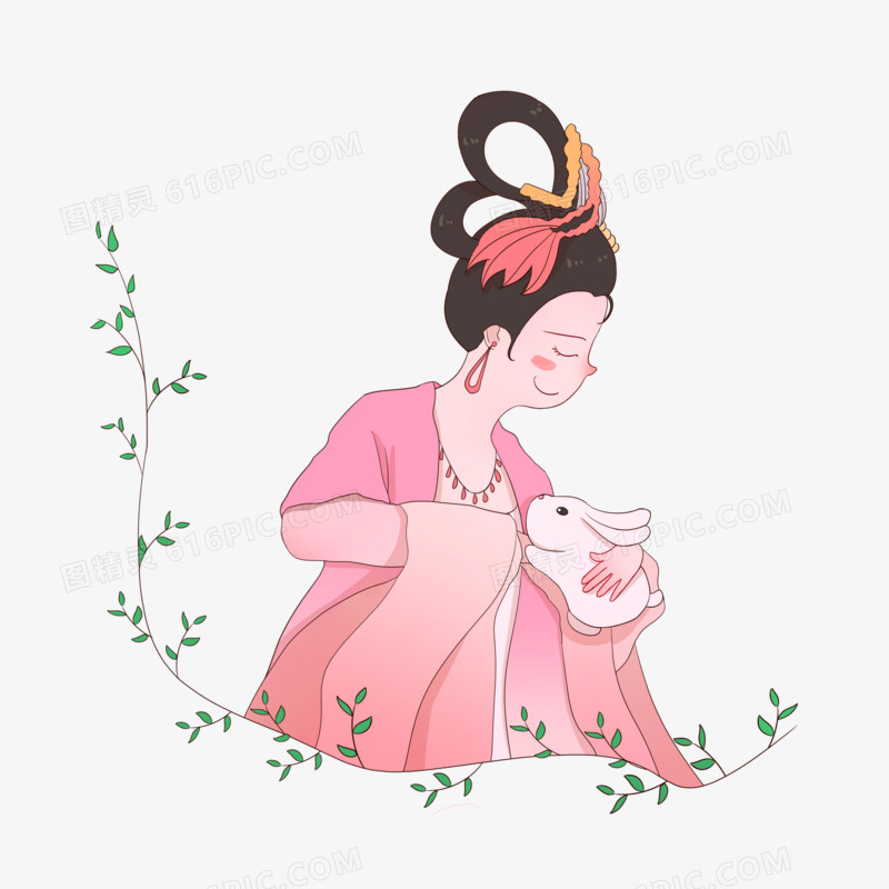 手绘中秋节之嫦娥玉兔插画风