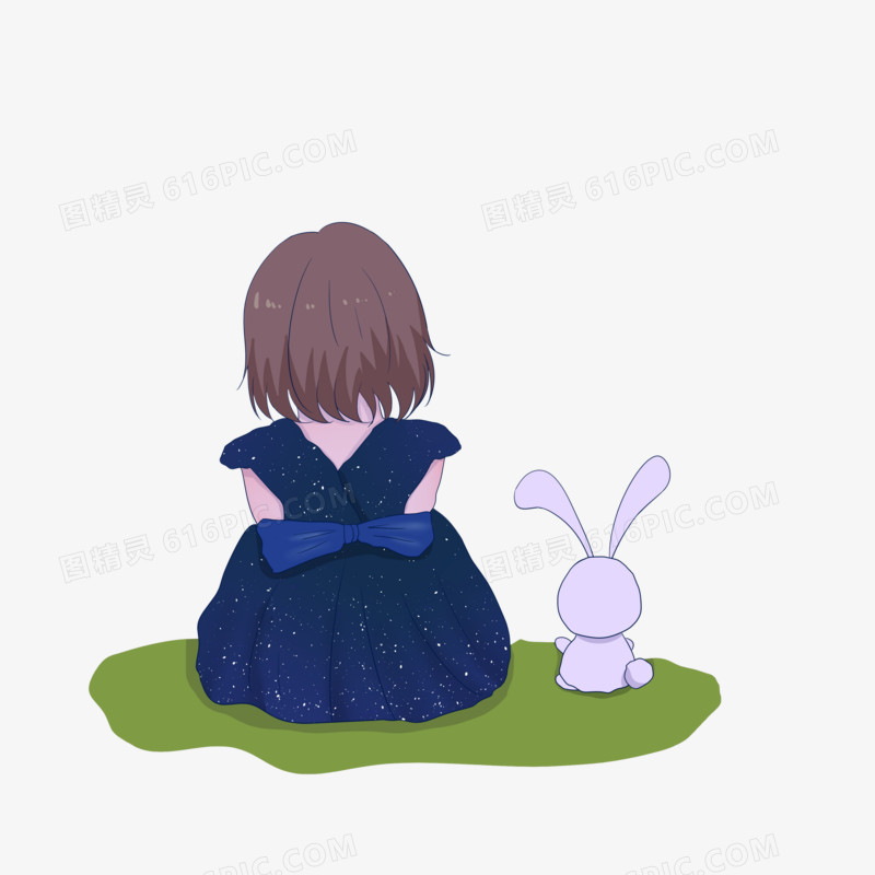 手绘中秋主题之小女孩和兔子