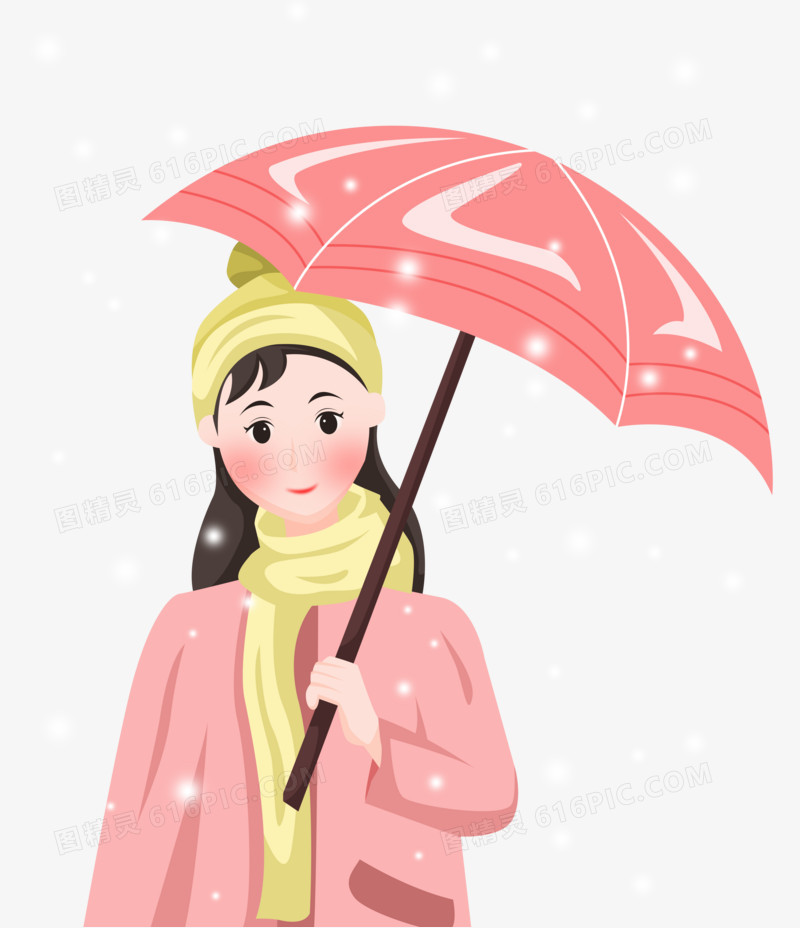 霜降之手绘卡通拿伞玩雪的女孩子