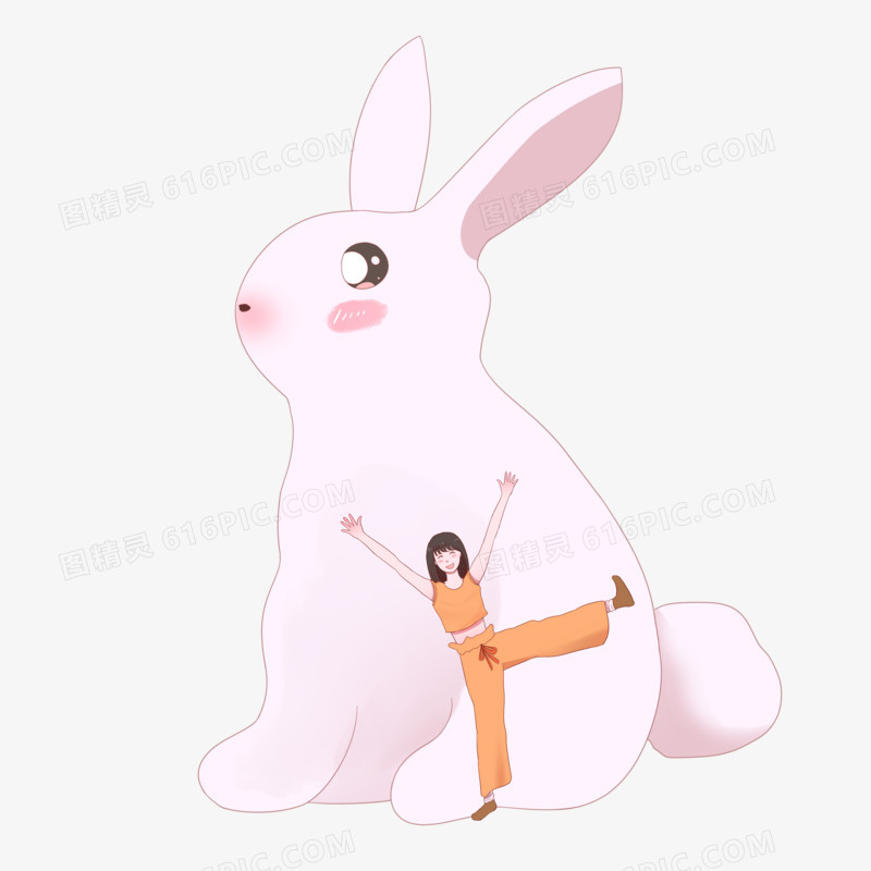 手绘中秋节主题之大白兔和小女孩