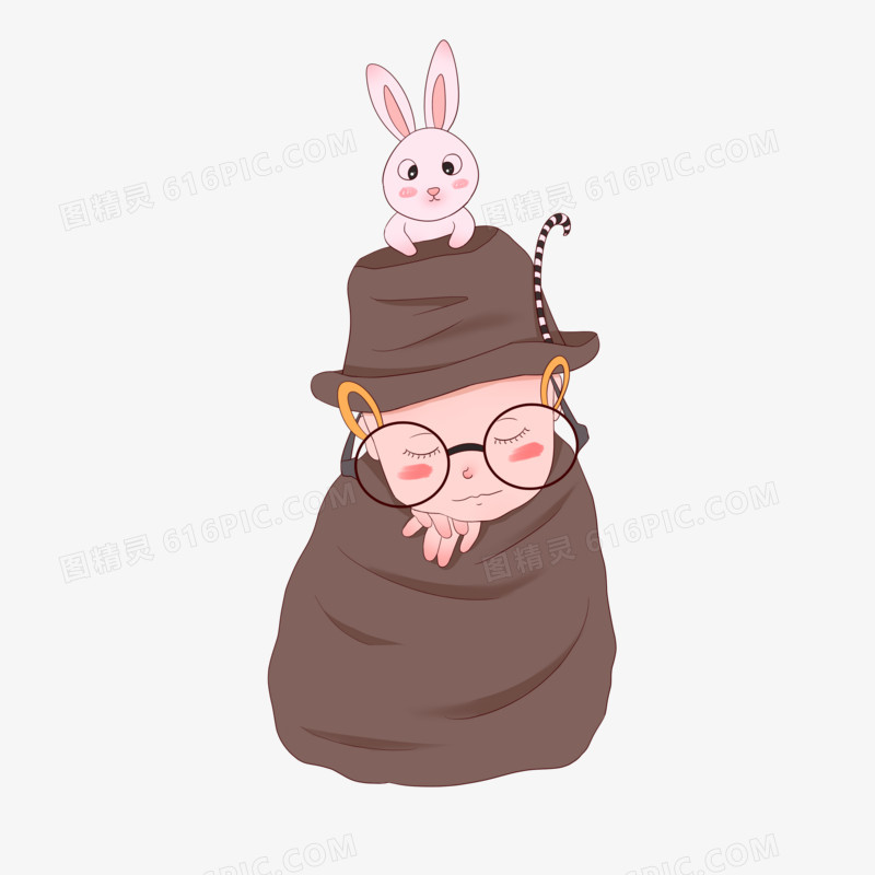 手绘插画风之睡着的宝宝和帽檐上的小白兔