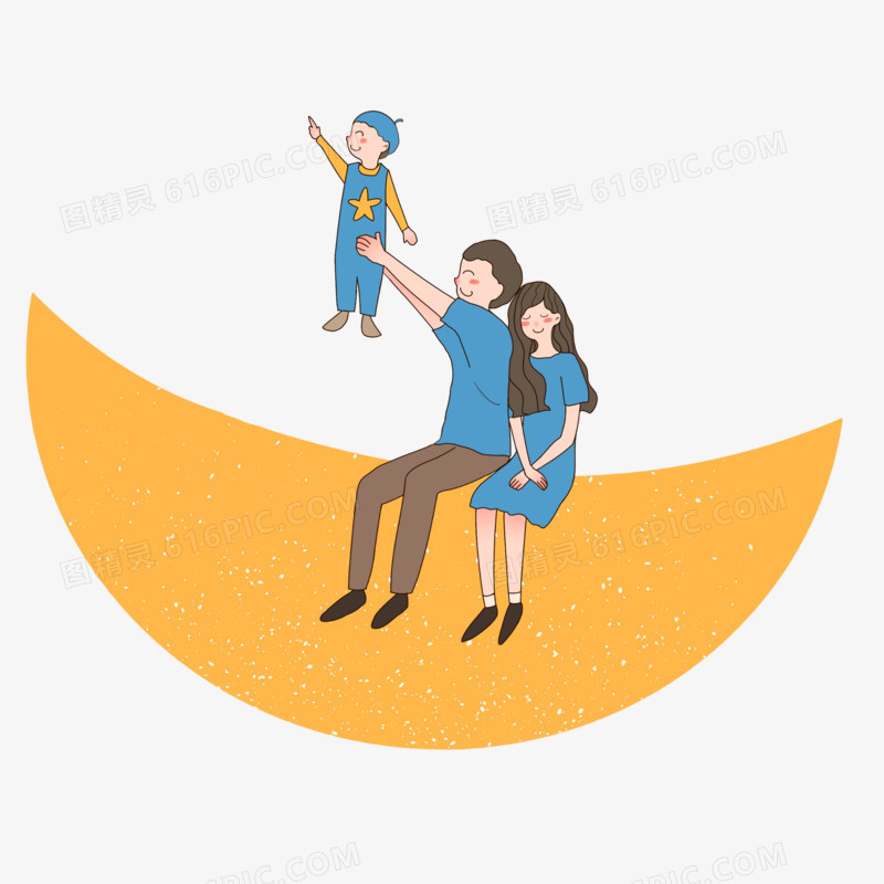 手绘中秋之明月上的一家  