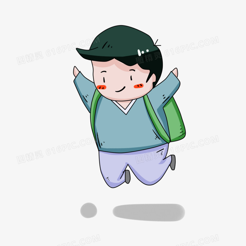 背着书包跳跃的男孩