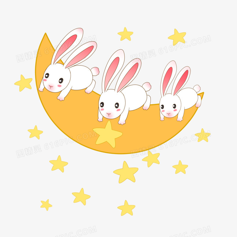 手绘中秋之月亮上撒小星星的小兔子