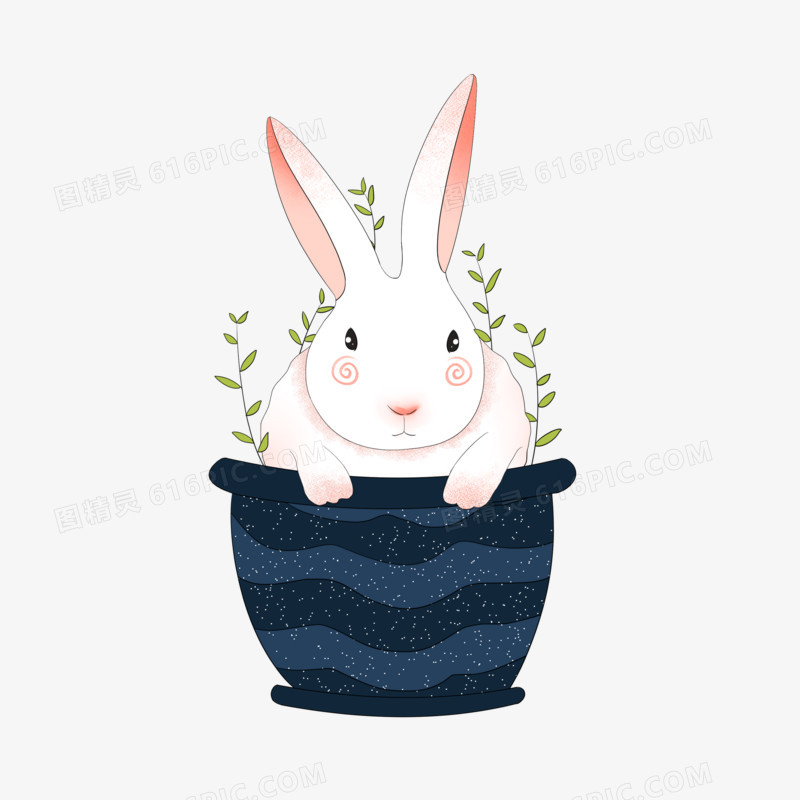 手绘中秋之植物盆栽里的大白兔