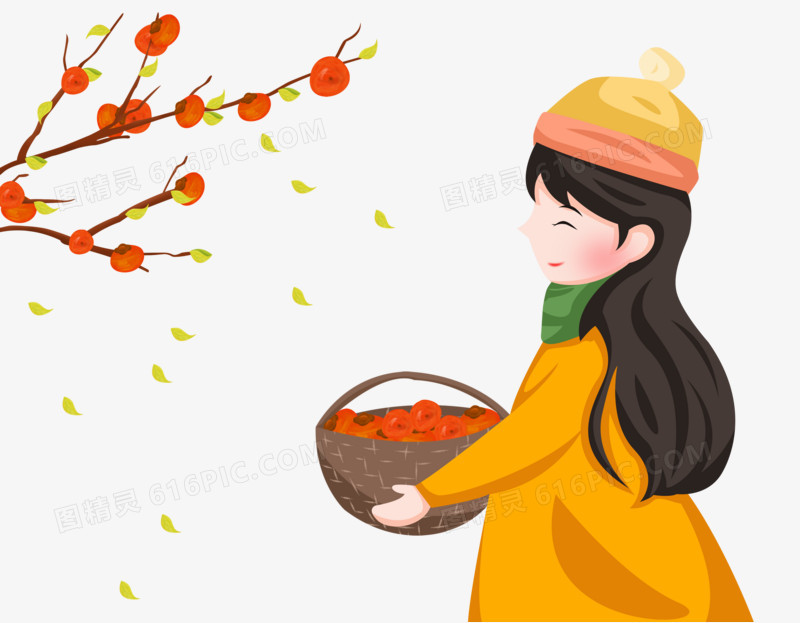 霜降之手绘卡通女孩捧着装柿子的水果篮子