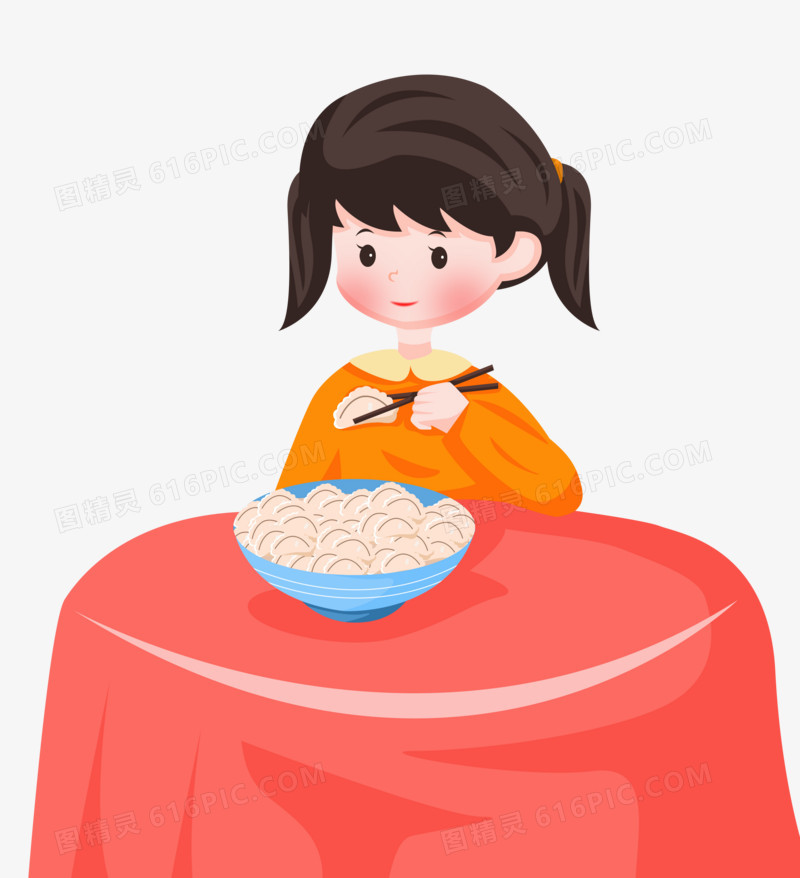 冬至之手绘卡通女孩在桌子上吃饺子