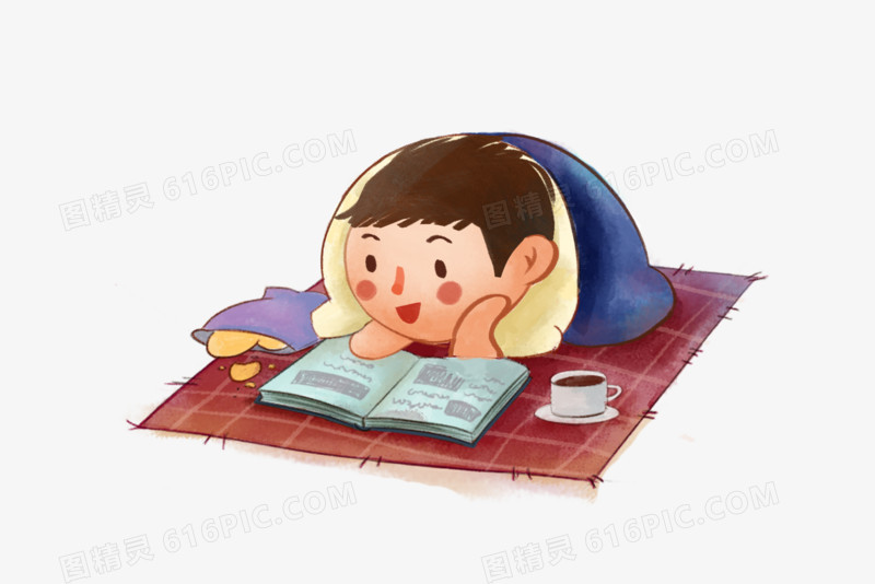 手绘冬天窝在被窝里看书