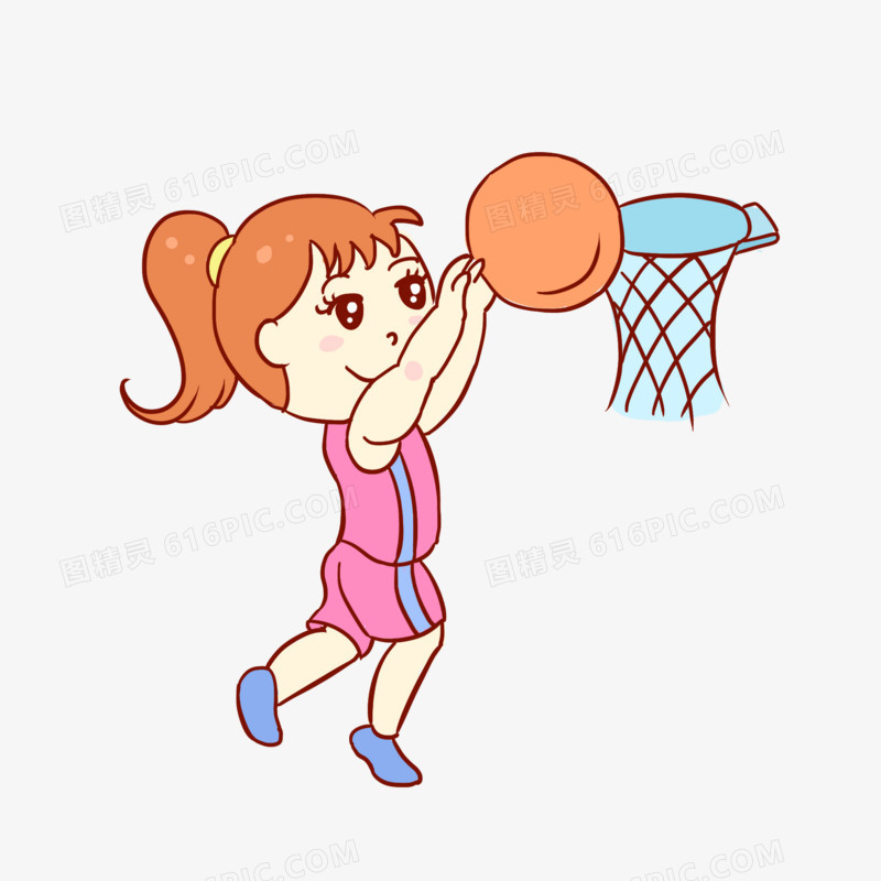 女孩打篮球运动投篮手绘卡通元素