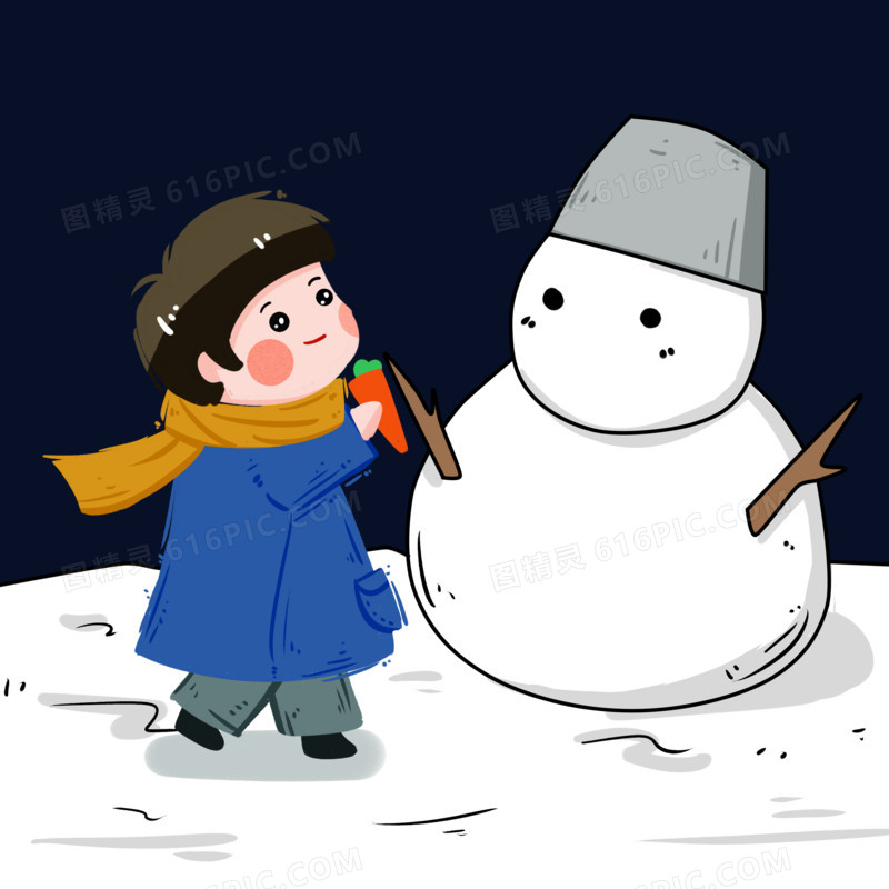 冬季堆雪人的卡通男孩