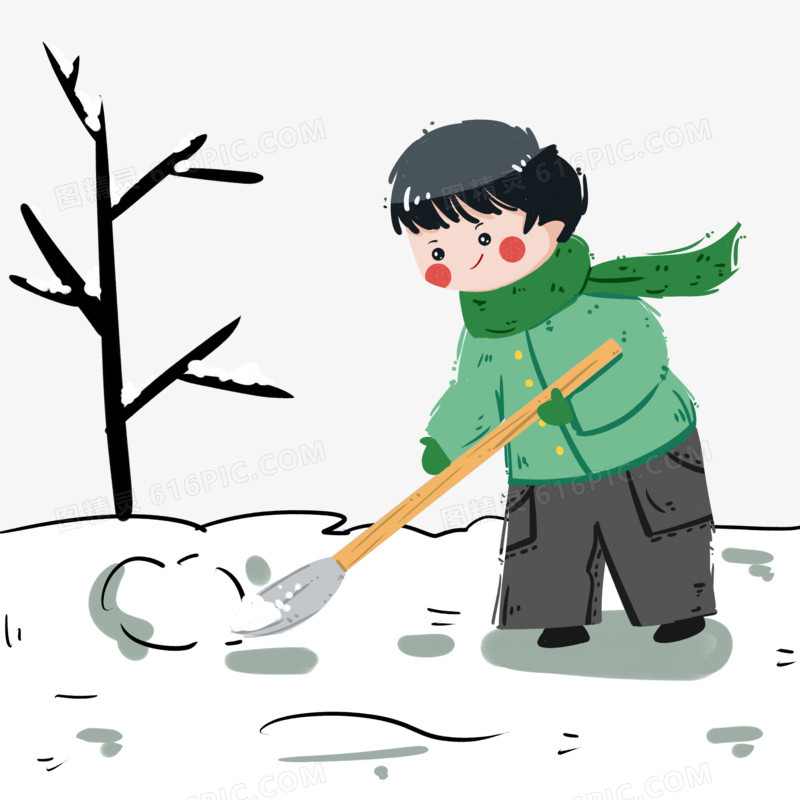 冬季铲雪的男孩
