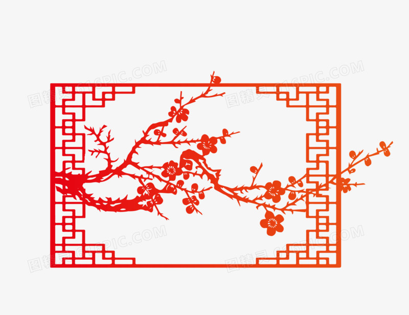 手绘中国风梅花剪纸图案