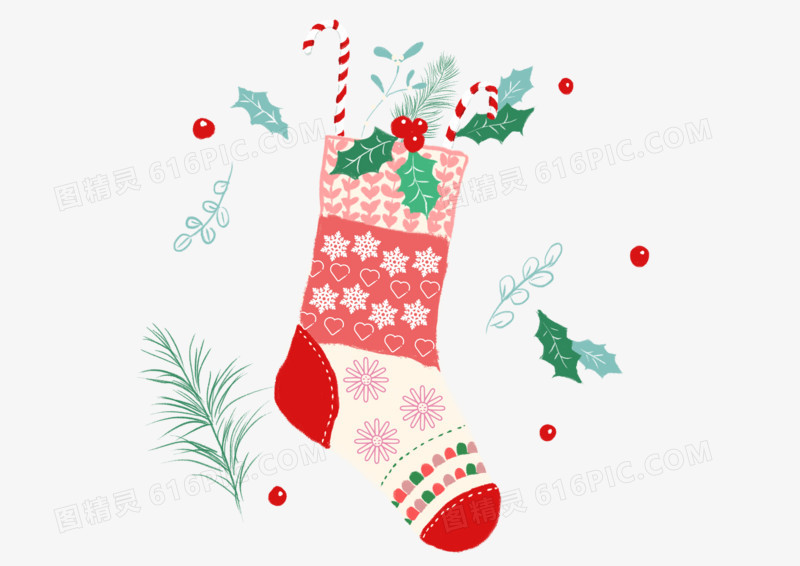 小清新圣诞节礼物袜子插画风免抠元素
