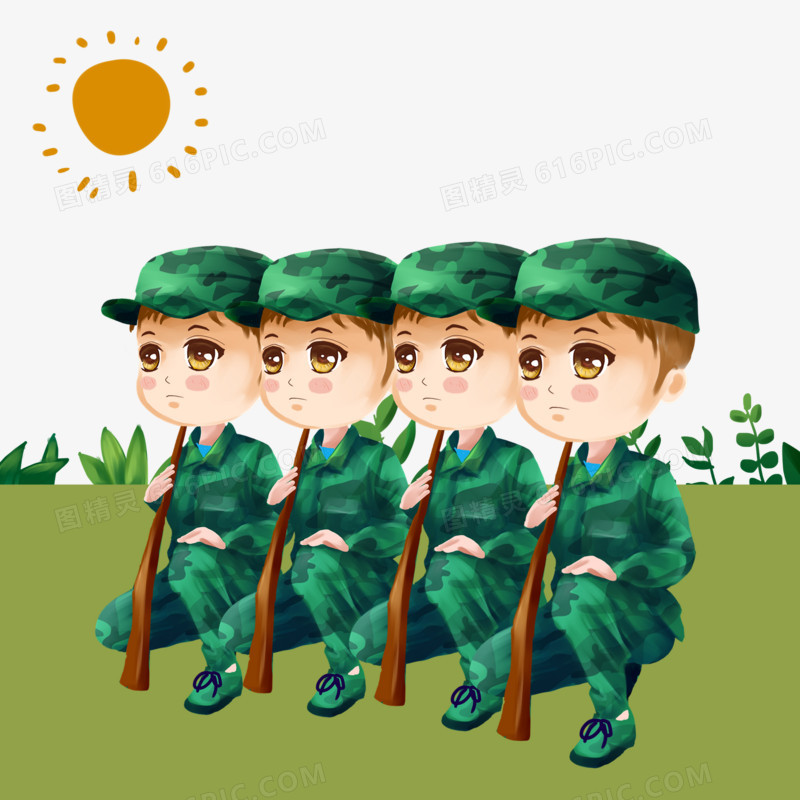 手绘开学季军训蹲立素材