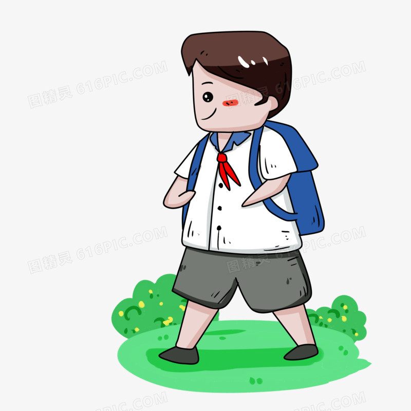 男孩开心上学走路插画
