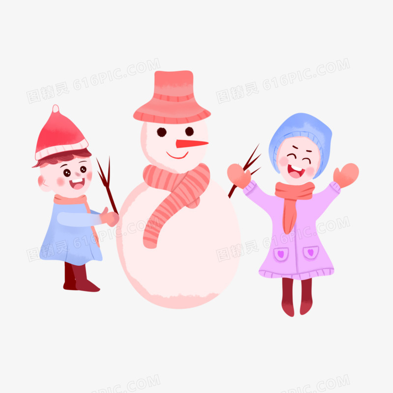 手绘插画风冬至两个小朋友堆雪人