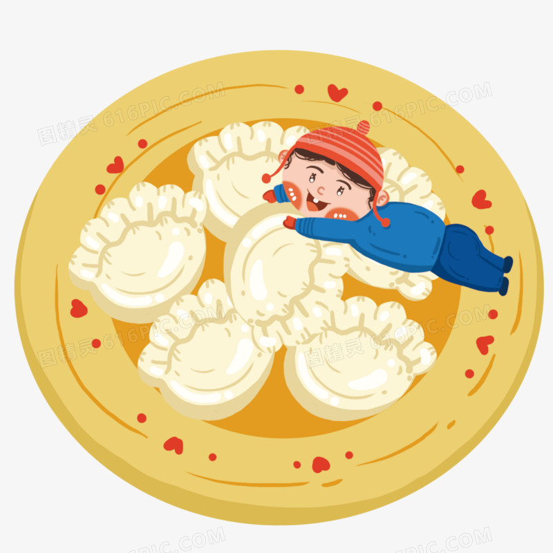 男孩躺在装满饺子的盆上