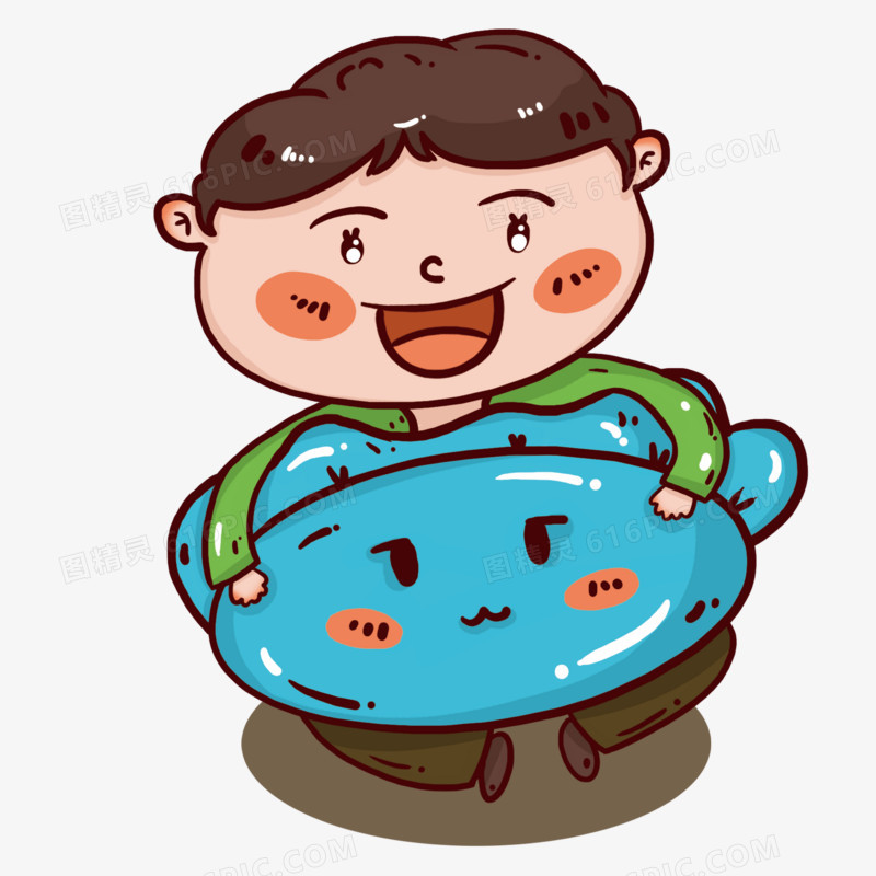 坐在地板上抱着蓝色大饺子的男孩