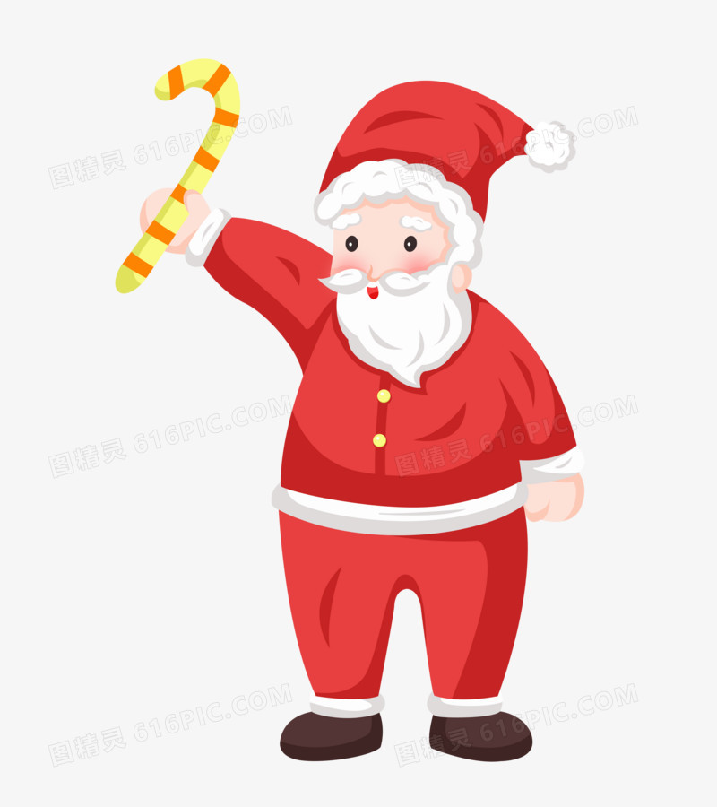 圣诞节之手绘卡通拿着彩色拐杖礼物的圣诞老人