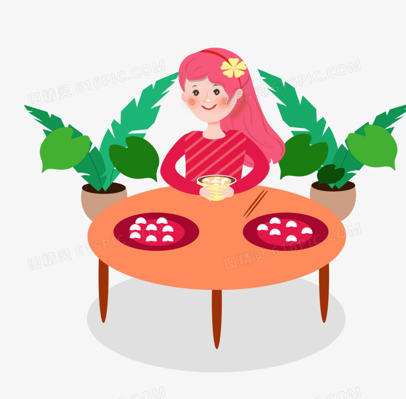 红色女孩吃饺子卡通手绘元素
