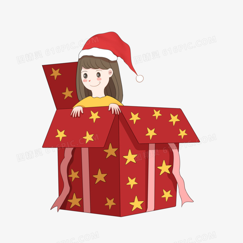 手绘圣诞礼物盒里的可爱女孩