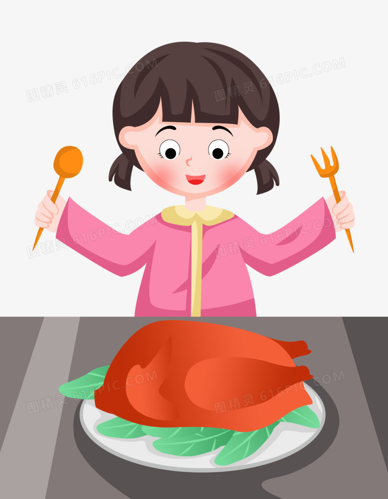 感恩节之手绘卡通女孩拿着餐具在桌子上吃烤火鸡