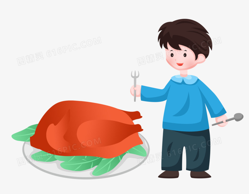 感恩节之手绘卡通男孩拿着餐具吃烤火鸡