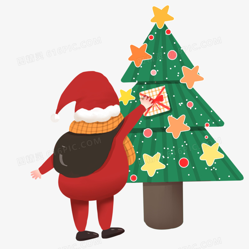 手绘插画风之往圣诞树上放礼物的圣诞老人