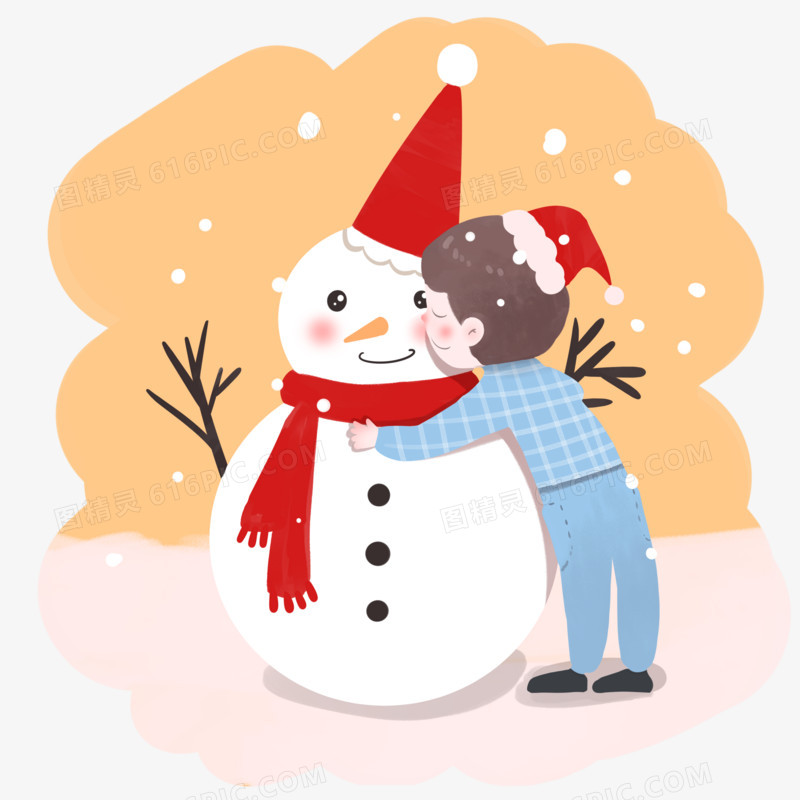 手绘插画风之亲吻雪人的小男孩