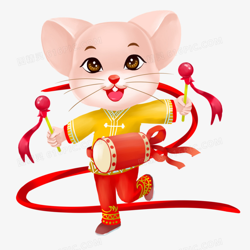 鼠年卡通手绘角色打鼓素材