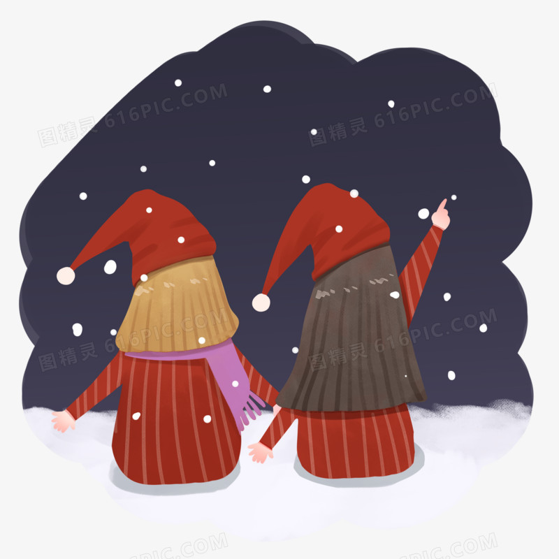 手绘插画风之在雪夜等圣诞老人的女孩