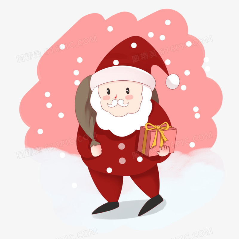 手绘插画风之拿着礼物在雪地上的圣诞老人