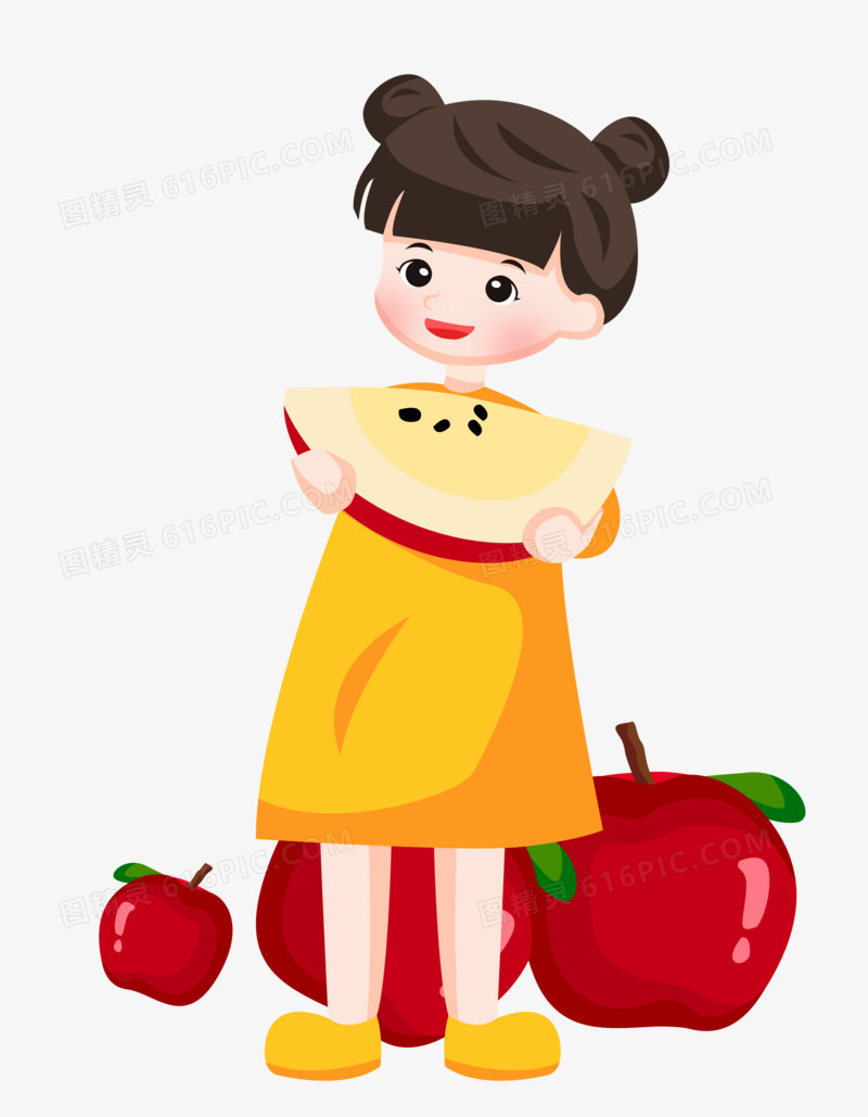 平安夜之手绘卡通女孩吃半块苹果
