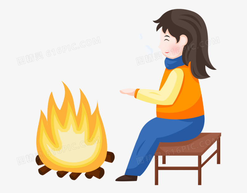 冬天之手绘卡通女孩烤火
