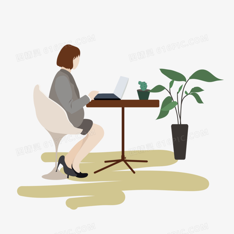 扁平风矢量女商务人员工作绿色盆栽