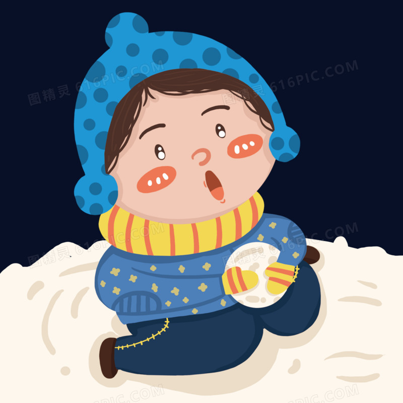 坐在雪地里玩雪球的男孩子