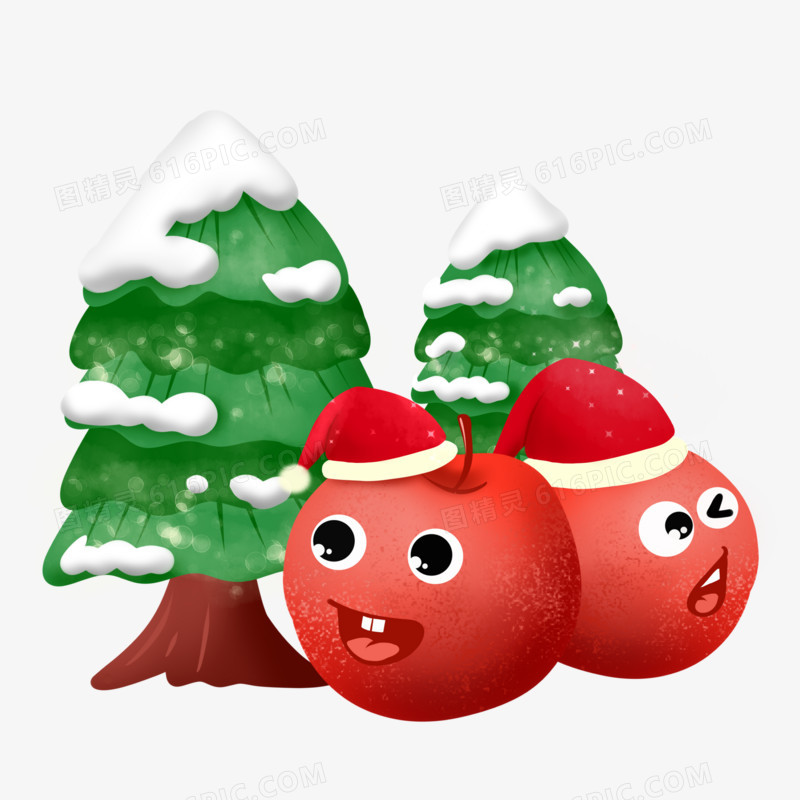 绿色圣诞树戴圣诞帽红苹果平安夜礼物