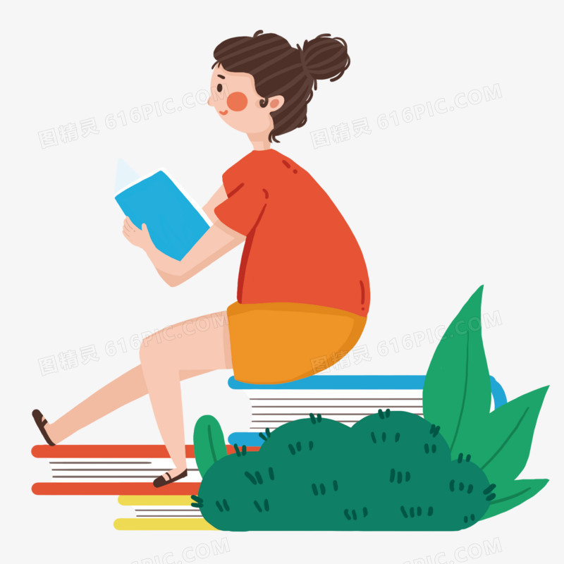 坐在大书本上认真看书的女孩子