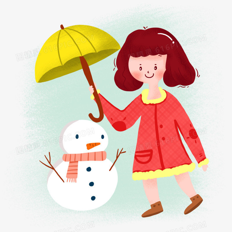 冬天卡通可爱女孩和雪人元素
