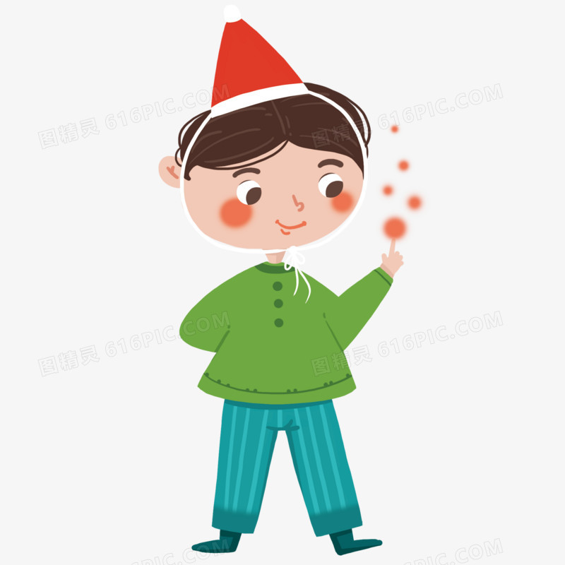 戴圣诞帽玩红色星火的男孩