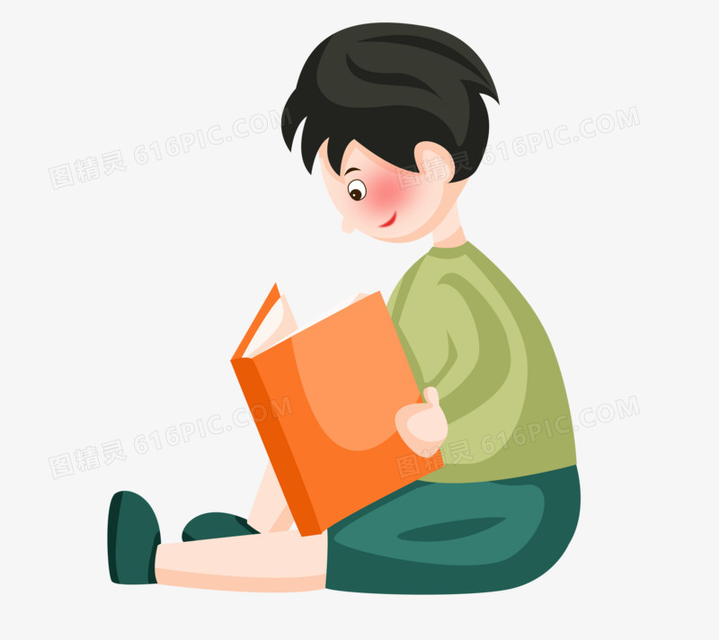 手绘卡通男孩坐在地上看书