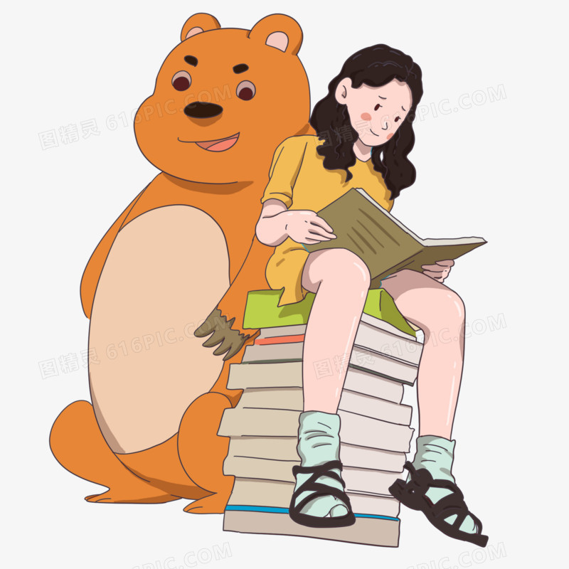 卡通可爱女孩爱读书玩具小熊元素