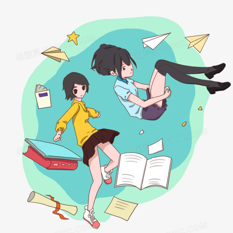 读书的海洋卡通可爱女孩元素