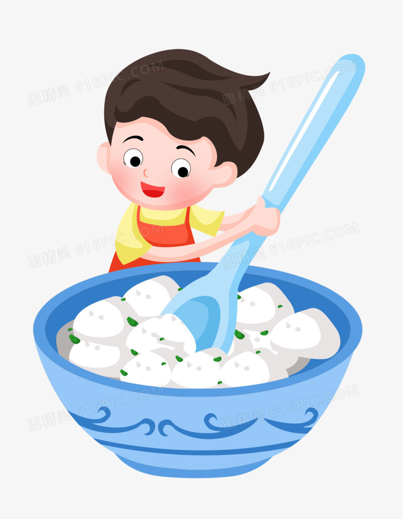 冬至之手绘卡通男孩拿着超大勺子吃汤圆
