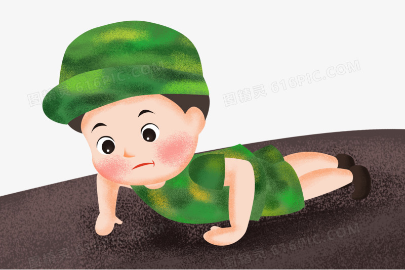 手绘卡通男孩军训做俯卧撑运动