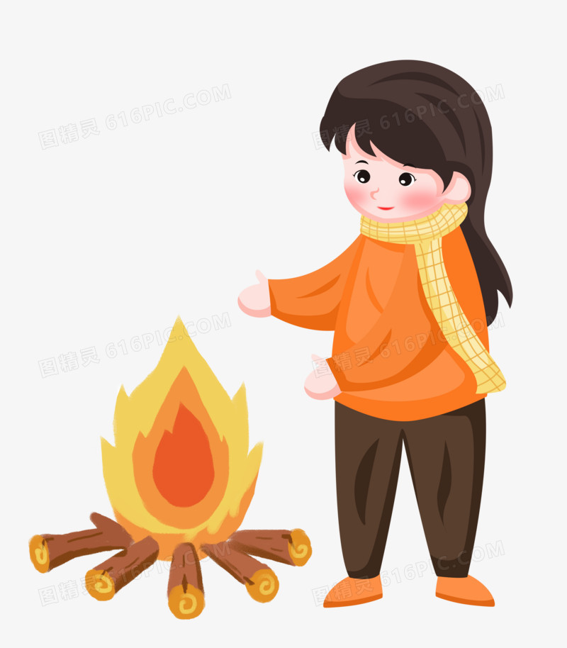 冬天之手绘卡通女孩取暖烤火