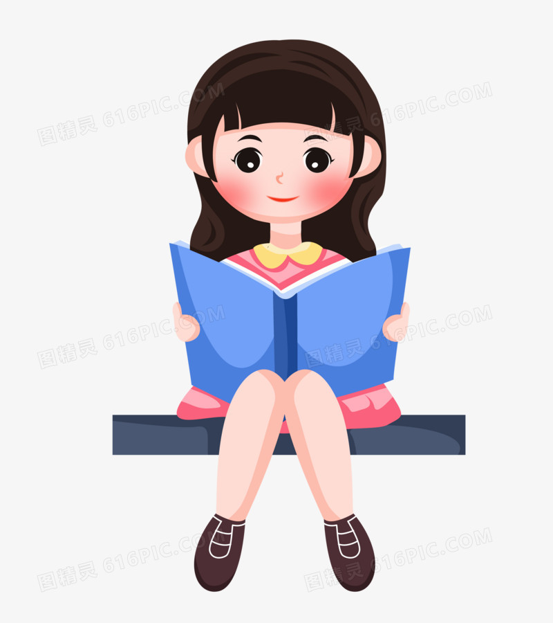 手绘卡通女孩坐在地上阅读书籍